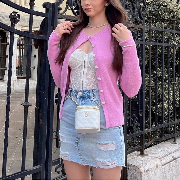 Zara PINK CARDIGAN WITH FAUX PEARL BUTTONS - Picture 1 of 14